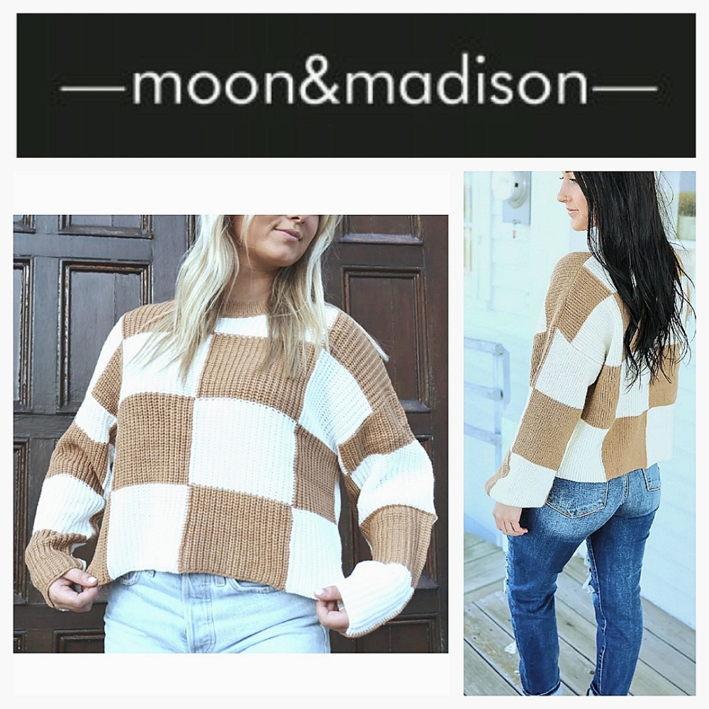 Moon & Madison Crop Colorblock Sweater Tan/Off White Relaxed Fit Sz L Cabincore